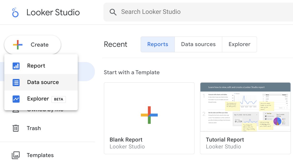 Looker Studio 인터페이스에서 새 데이터 소스를 생성하는 화면