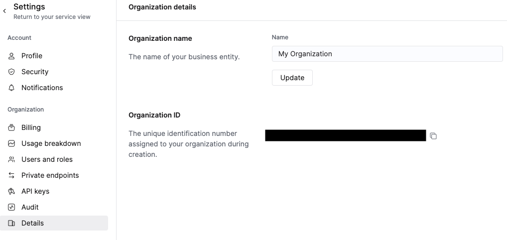 Organization ID가 포함된 Organization details 페이지를 보여주는 ClickHouse Cloud console